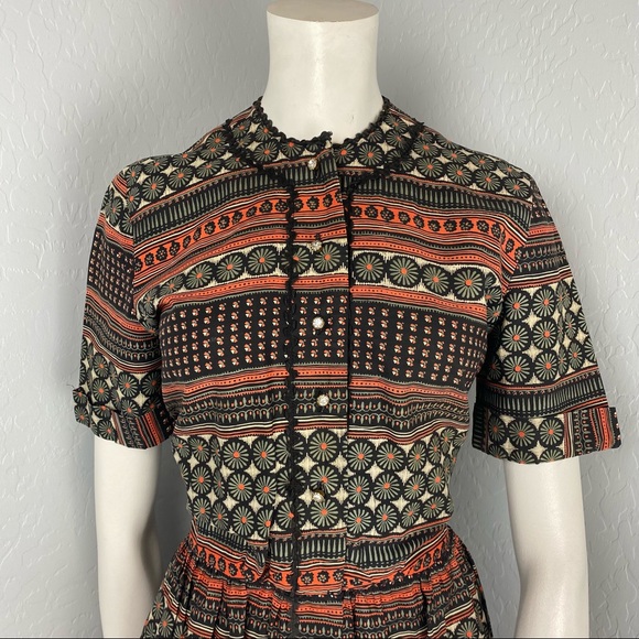 Vintage Jeanne Orange & Brown Floral & Stripe Print Fit & Flare Dress - Picture 3 of 6